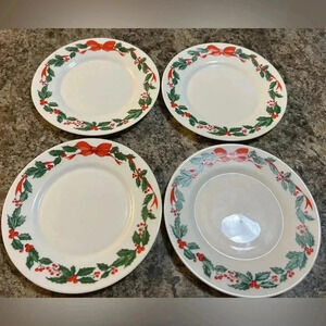 4-Arcopal France Christmas Salad Plates Red Ribbon Holly and Berries 7 3/4"